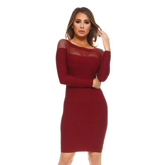 Wine Red Long Sleeve Netted Neckline Dress - Picture 2 of 8